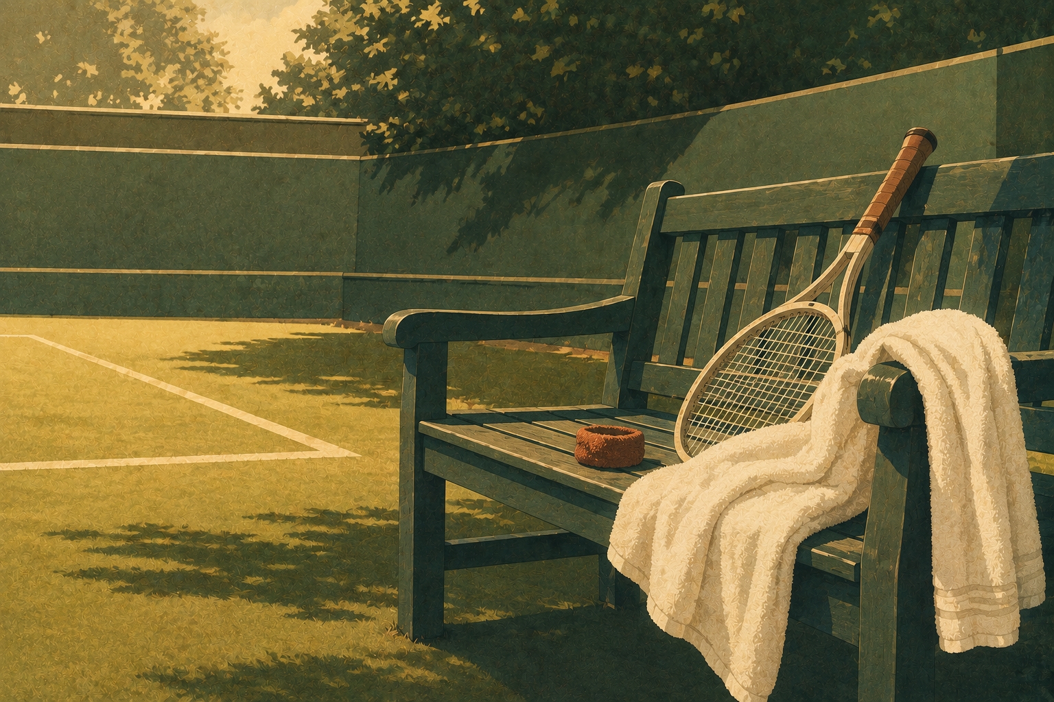 An empty courtside bench with a wooden racket, a towel and a wristband resting on it