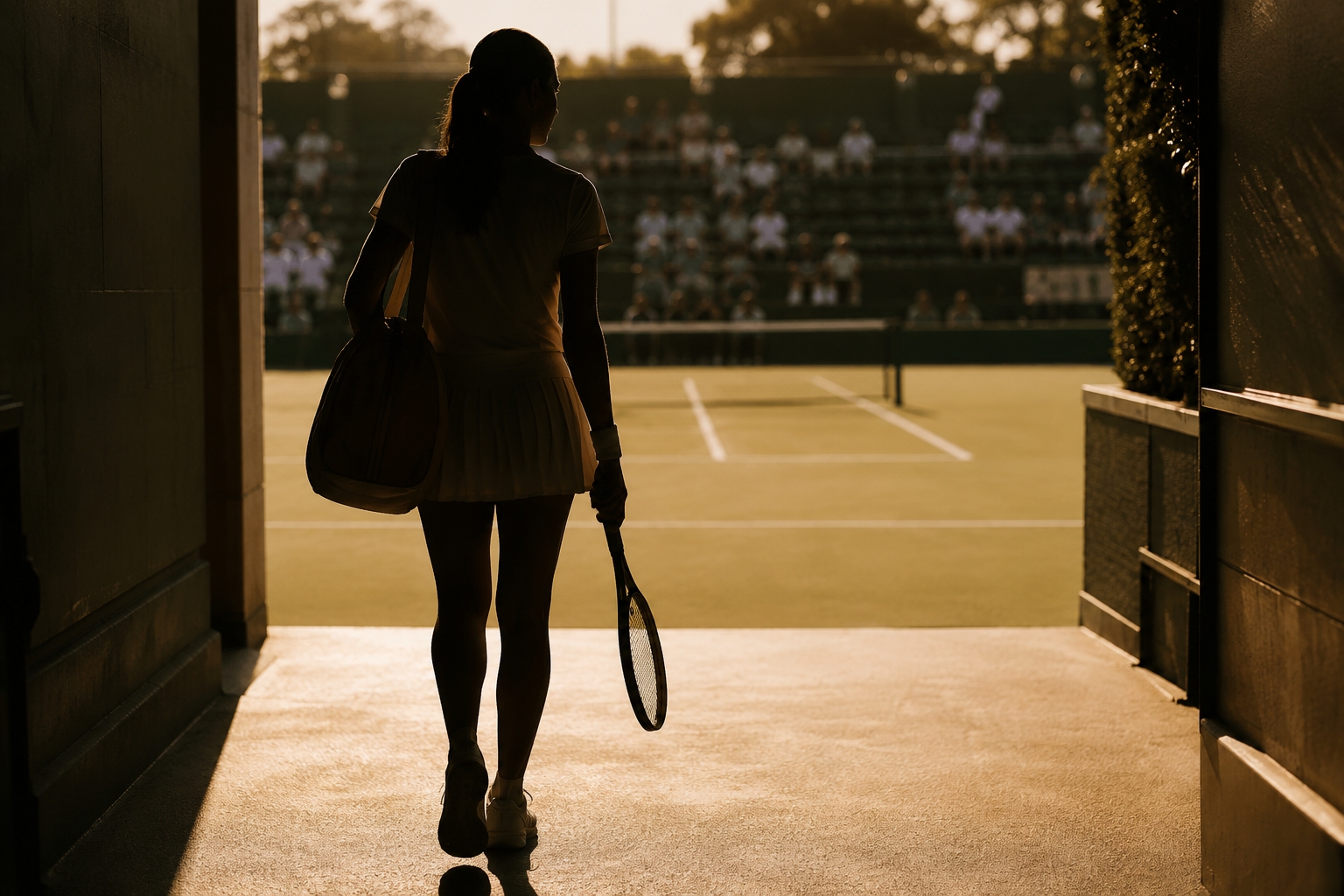A player's silhouette walking onto a sunlit court before a match