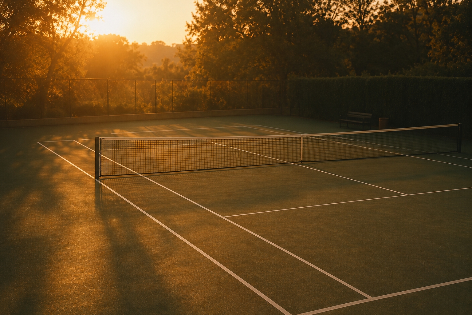 A golden-hour tennis court with long shadows, film-still aesthetic