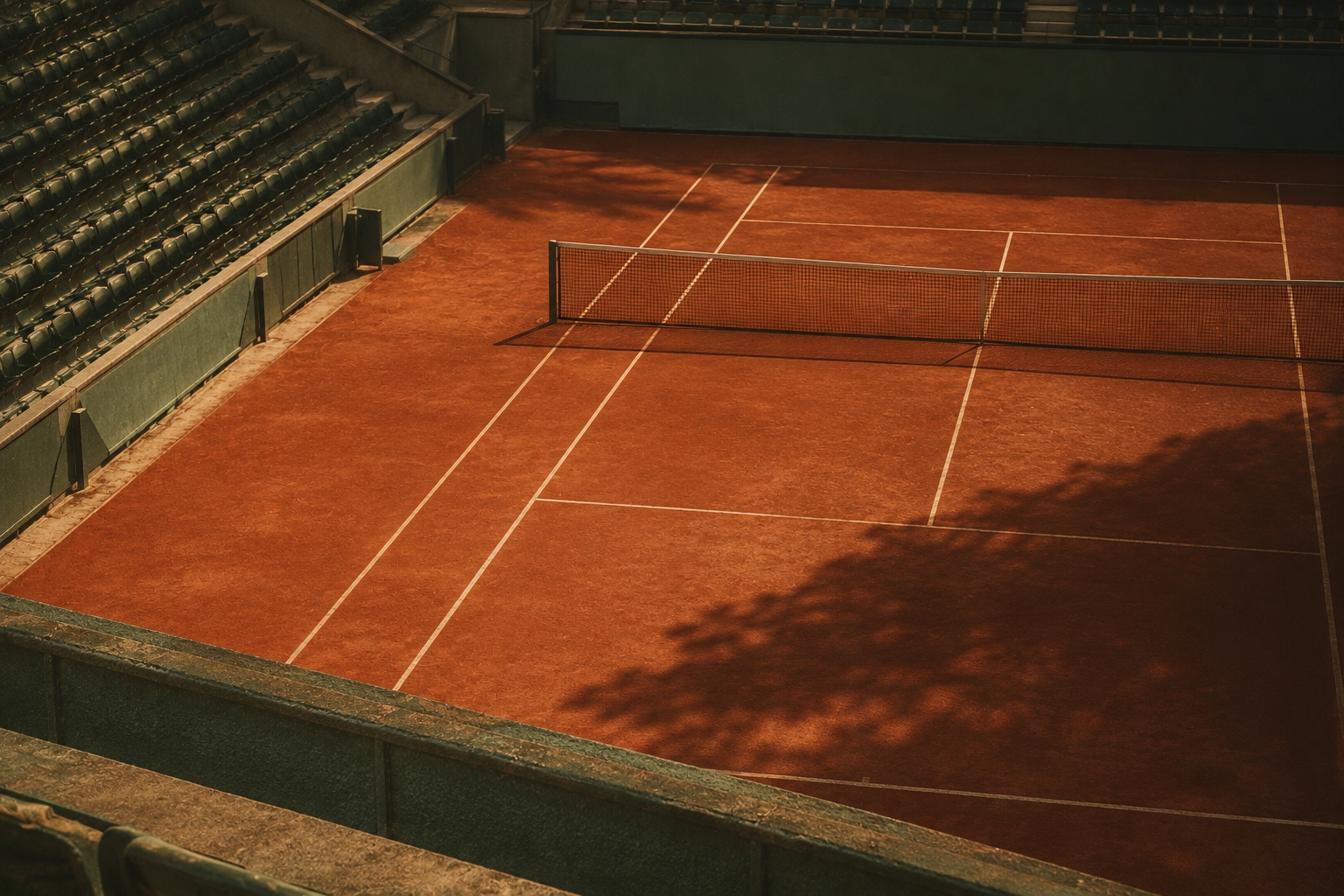 A red clay tennis court in warm afternoon light