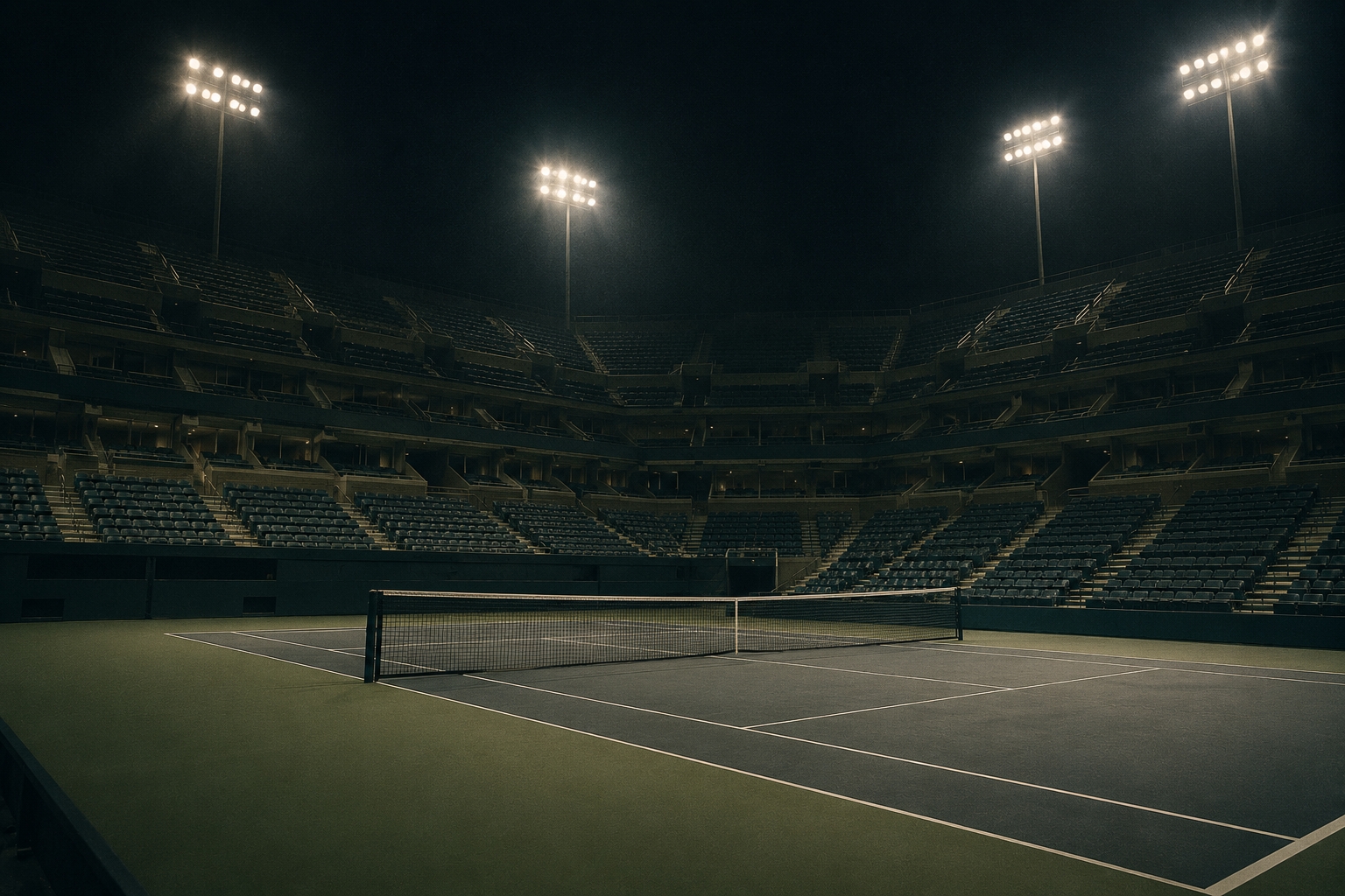 A hard tennis court under floodlights at night
