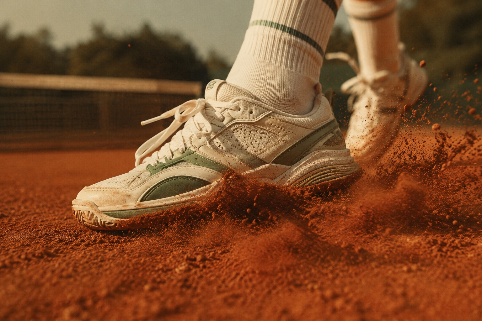 Close-up of tennis shoes digging into a clay court, dust kicking up