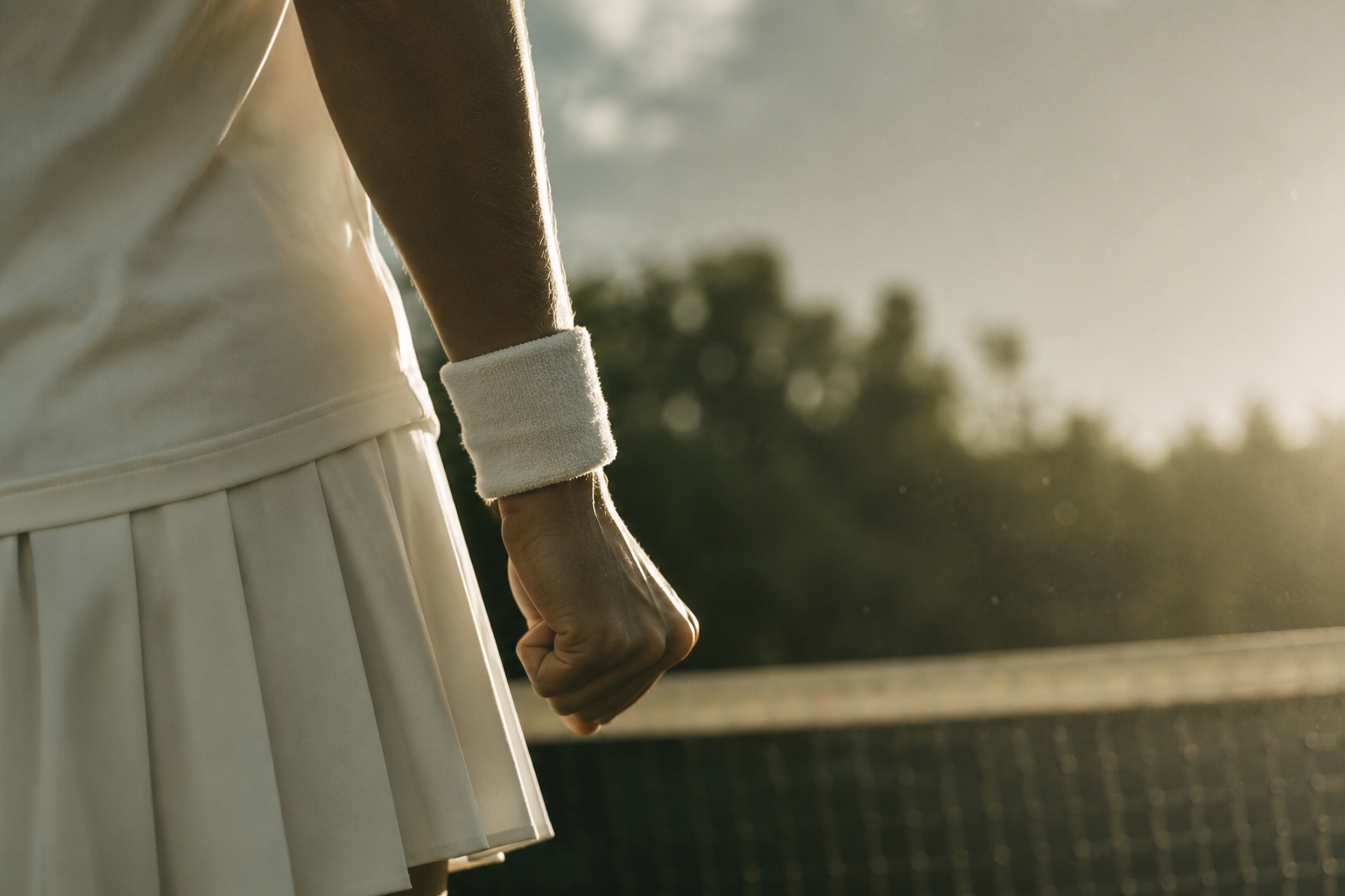 An anonymous player's quiet clenched fist, determined body language, backlit