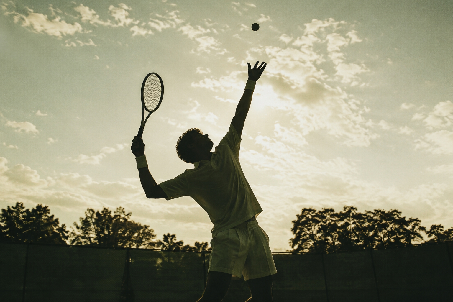 Silhouette of a tennis player serving against a bright evening sky