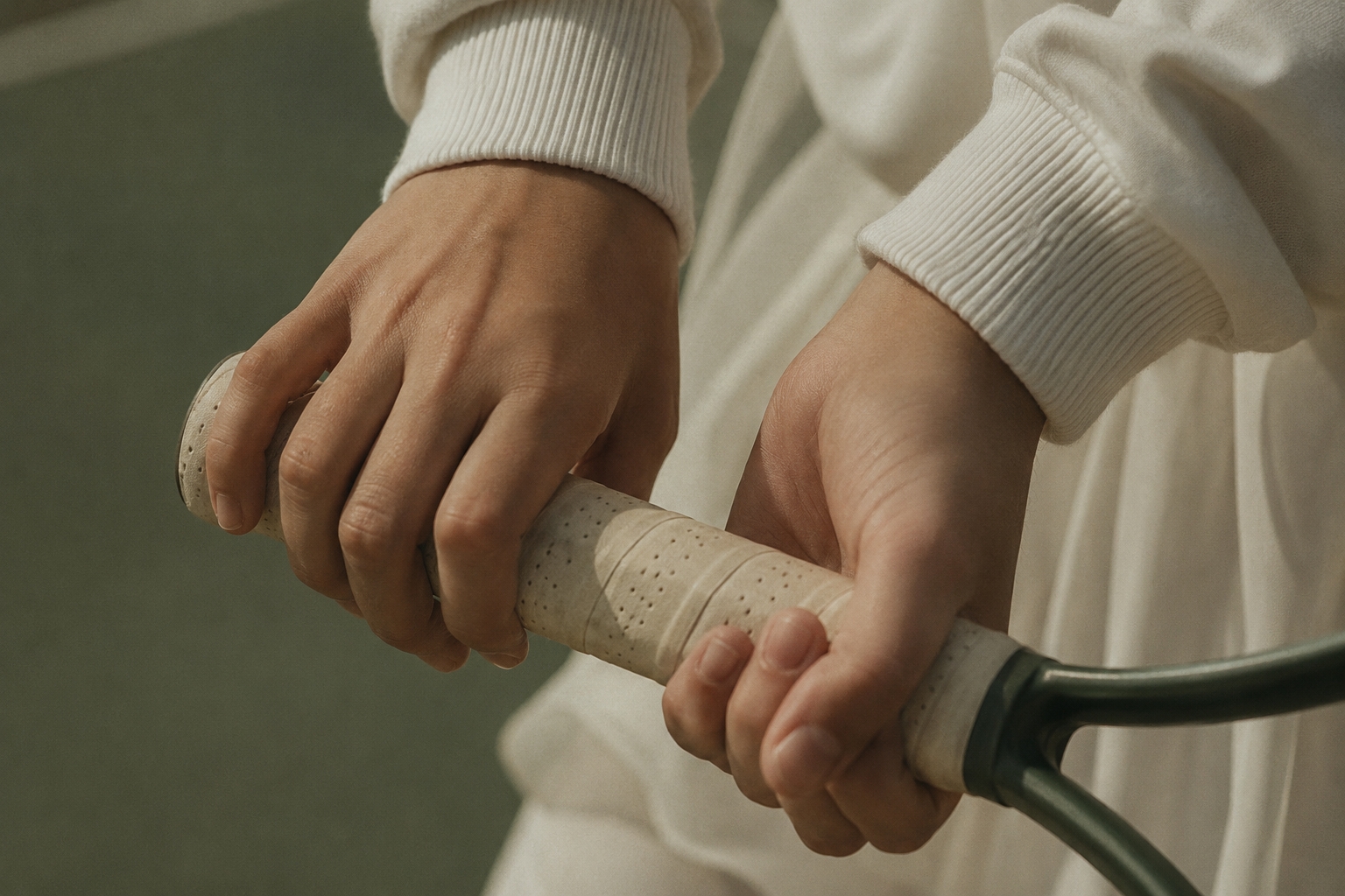 Close-up of two hands calmly gripping a tennis racket before a match
