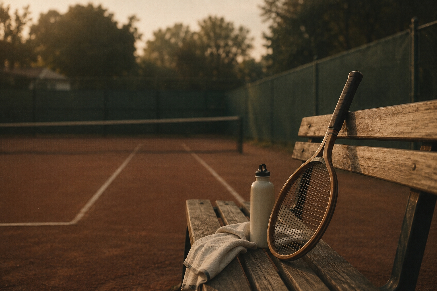 A bench with a racket and water bottle beside an empty court in the morning light
