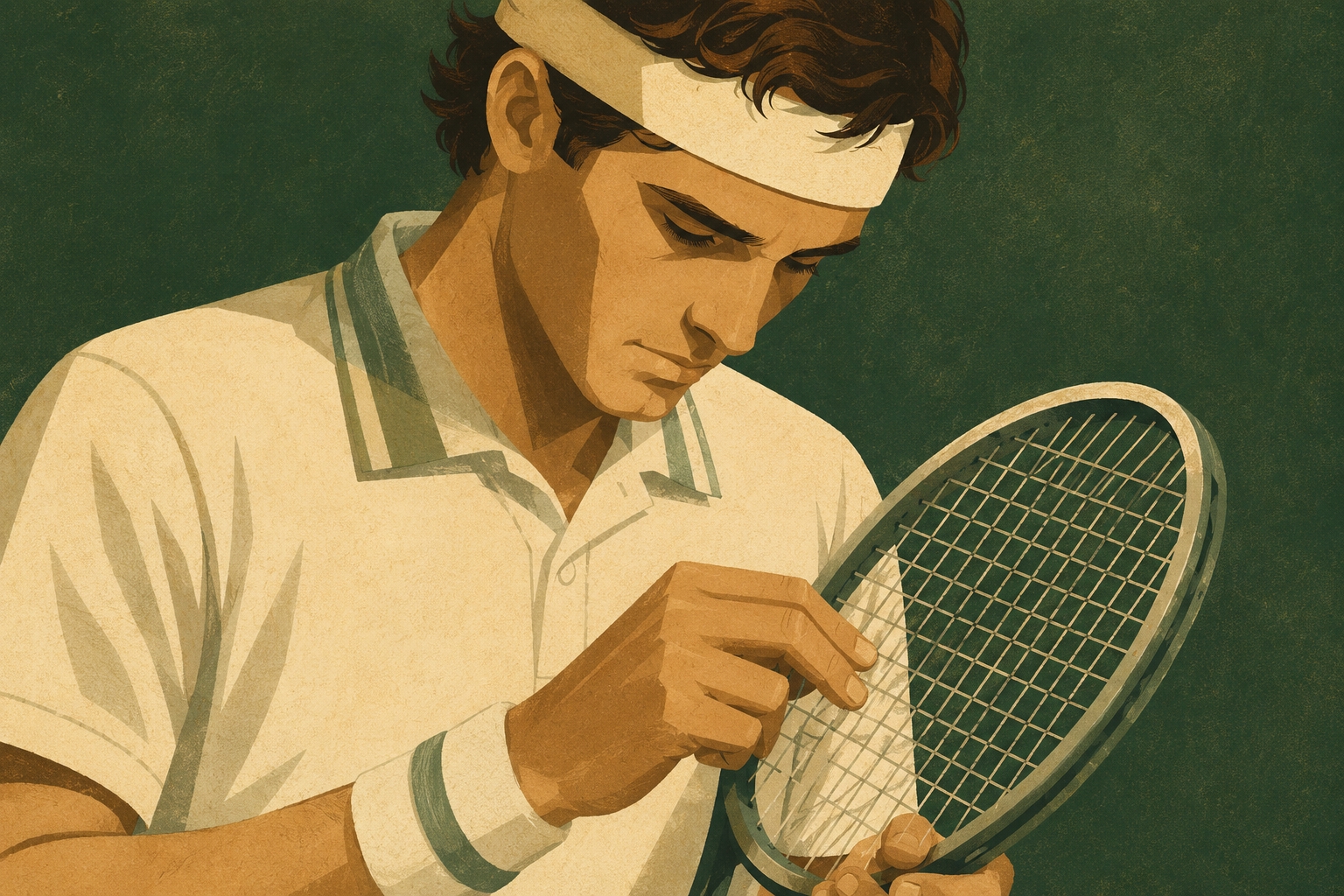 A tennis player looking down at his racket, straightening the strings between points