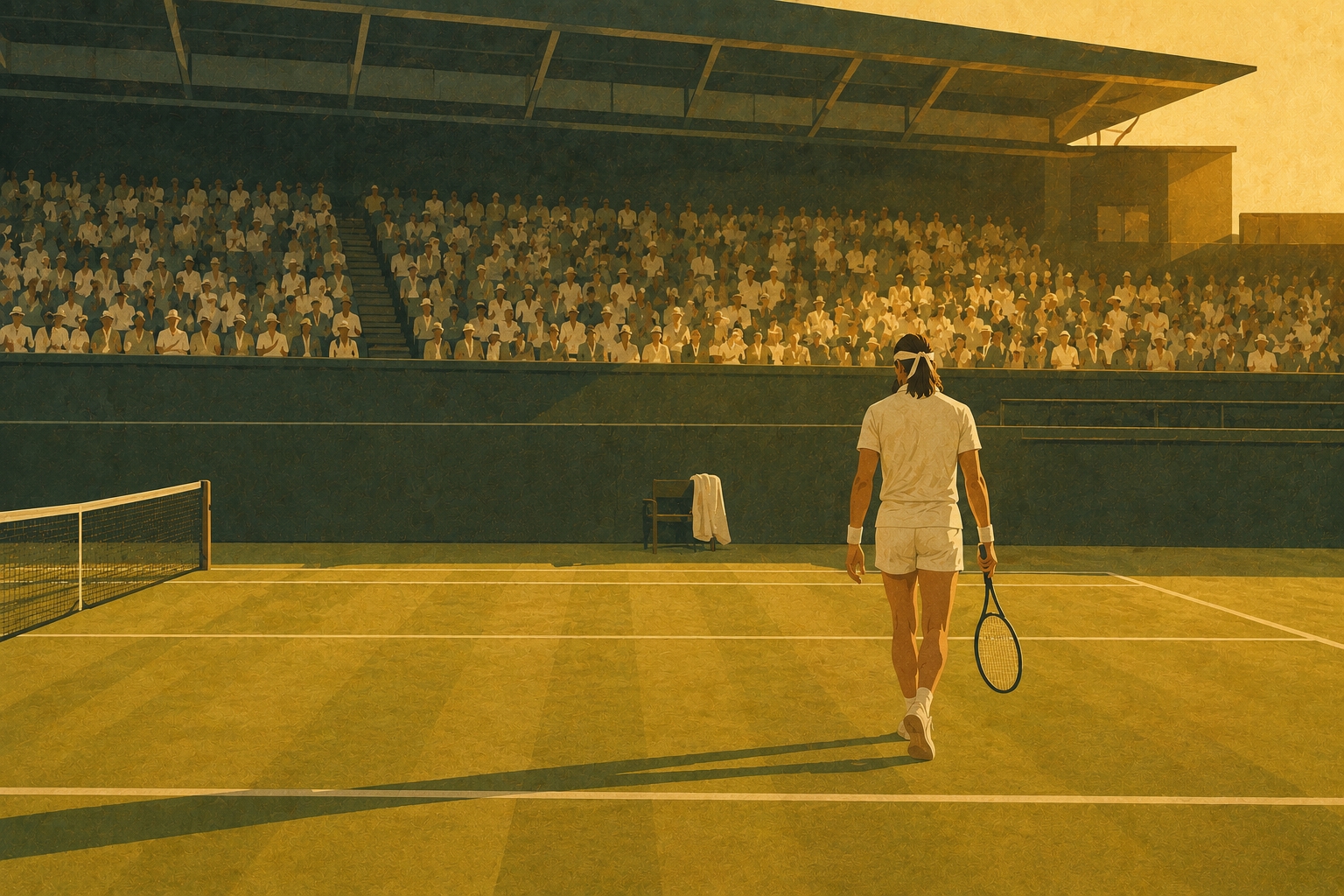 A tennis player walking calmly toward the towel at the back of the court between points