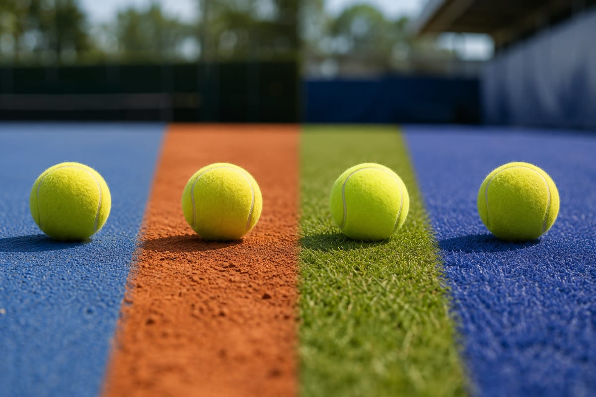 Four tennis balls on hard court, clay, grass, and indoor court surfaces