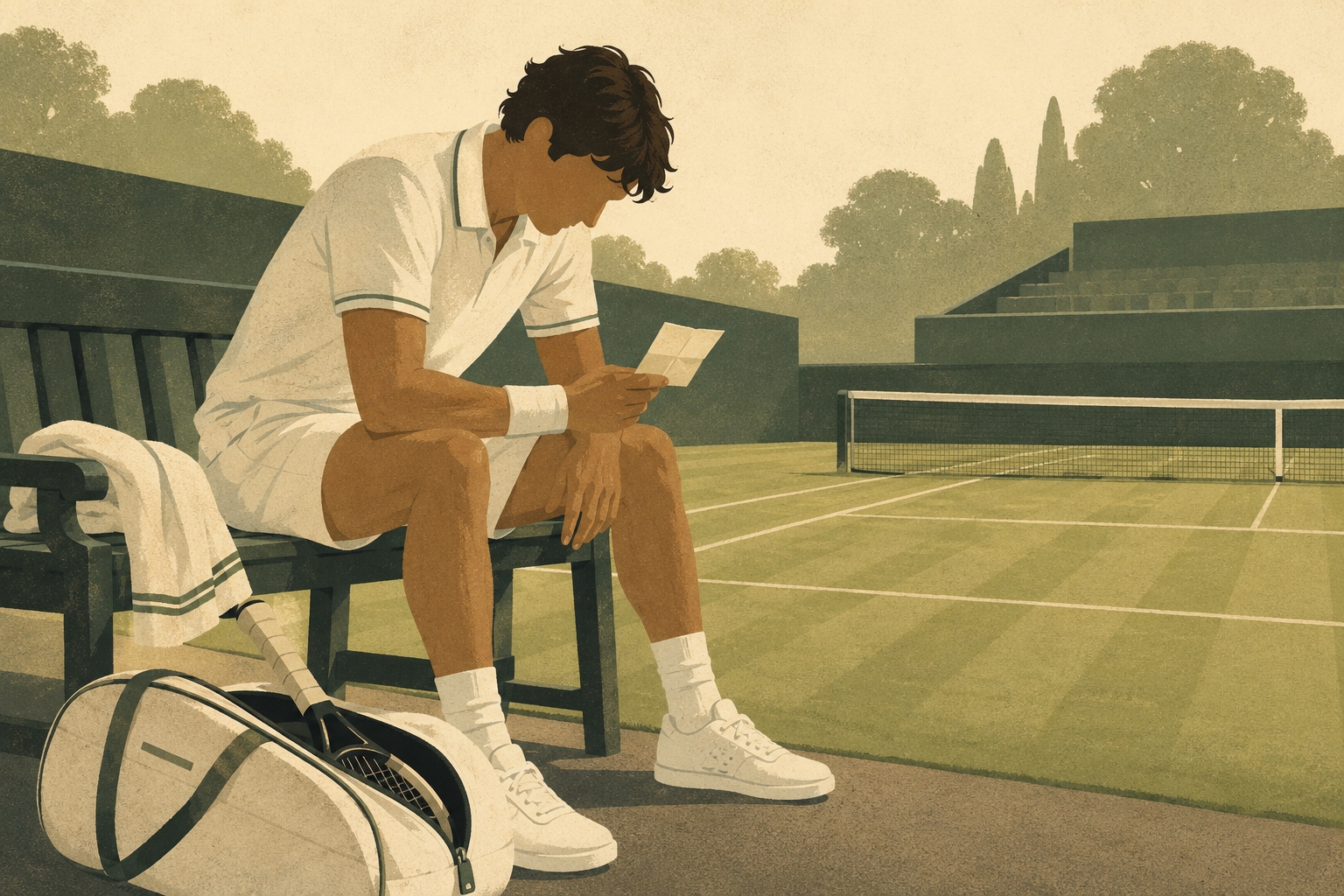 A tennis player sitting on a courtside bench before a match, reading a small folded note