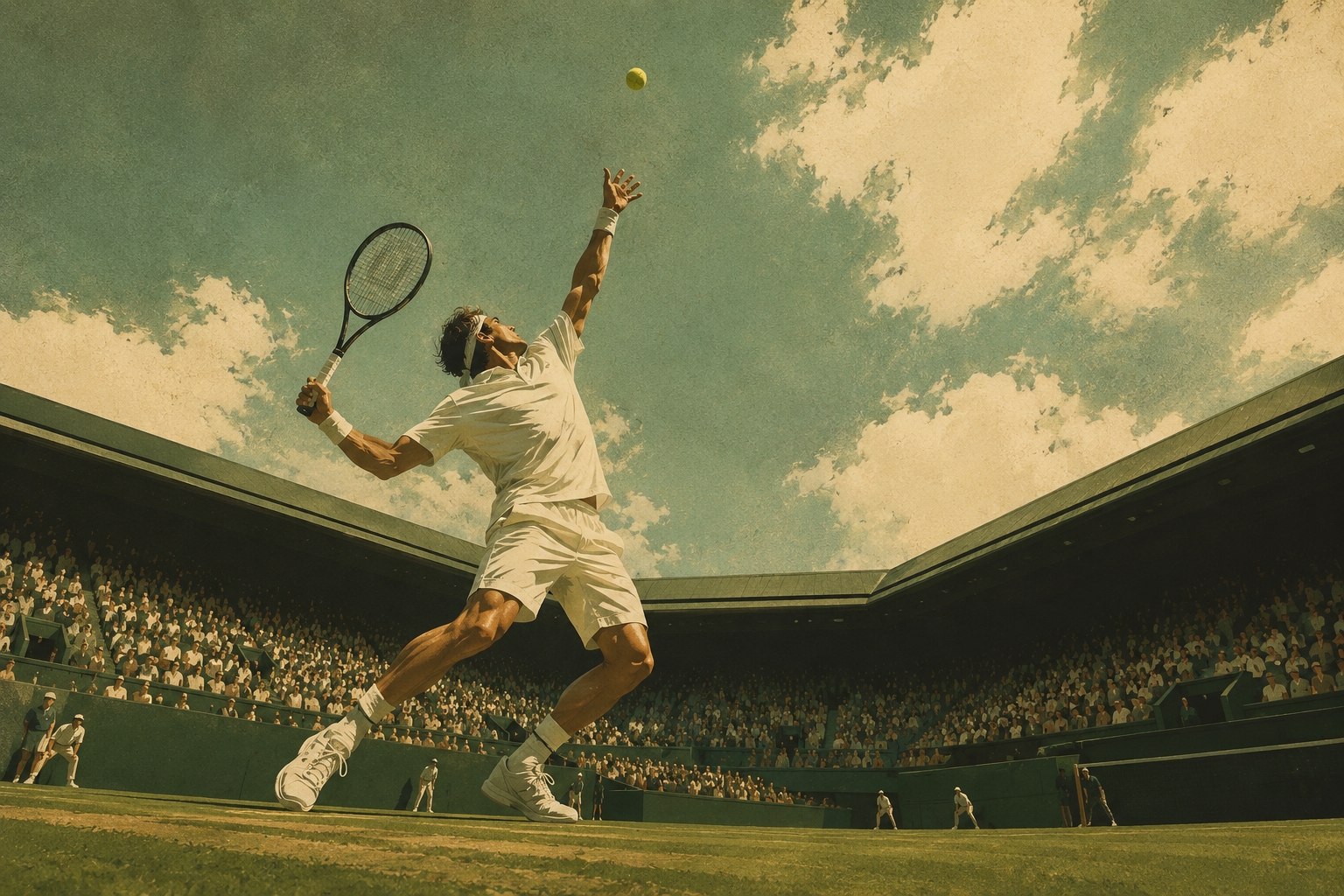 Low-angle illustration of a tennis serve toss on Centre Court grass, ball suspended against the sky