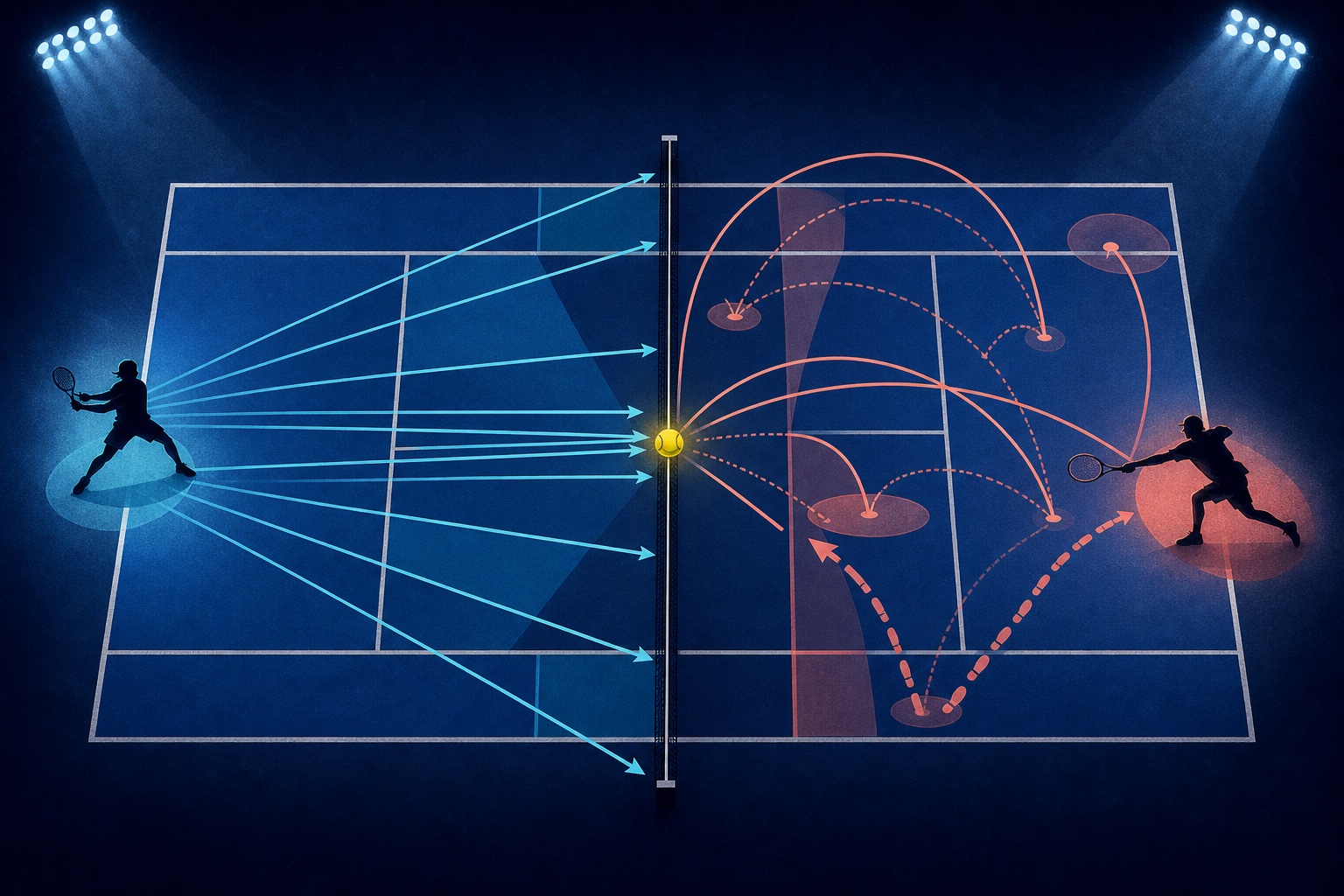 Flat tactical illustration comparing direct hard-court patterns with varied attacking paths
