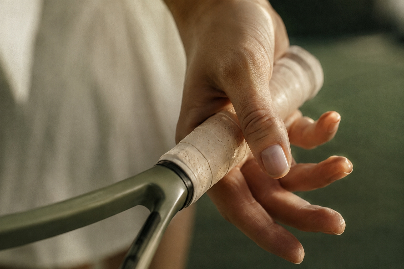 Extreme close-up of a hand loosening its grip on a racket handle