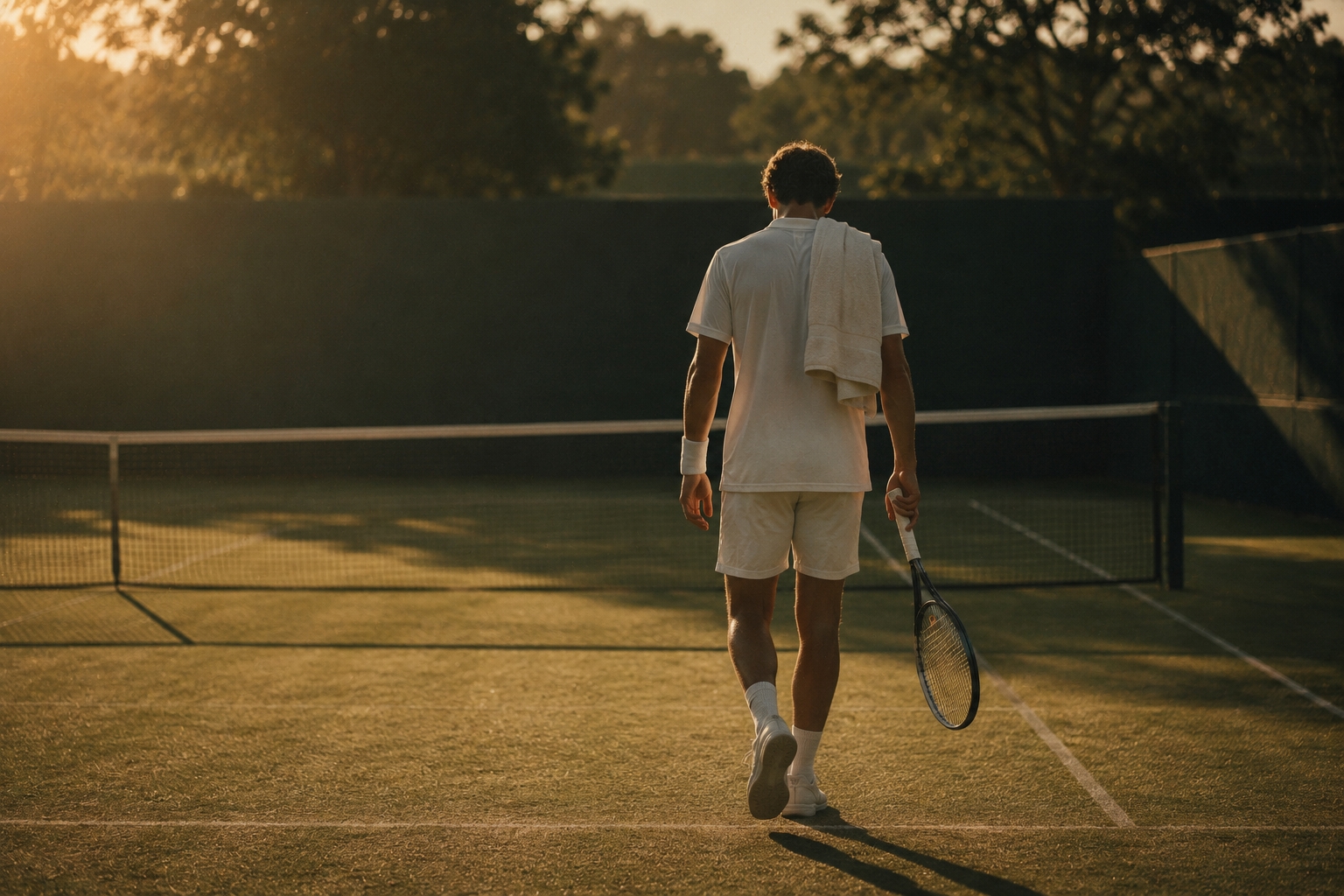 A tennis player walking back to the baseline with a towel, resetting between points