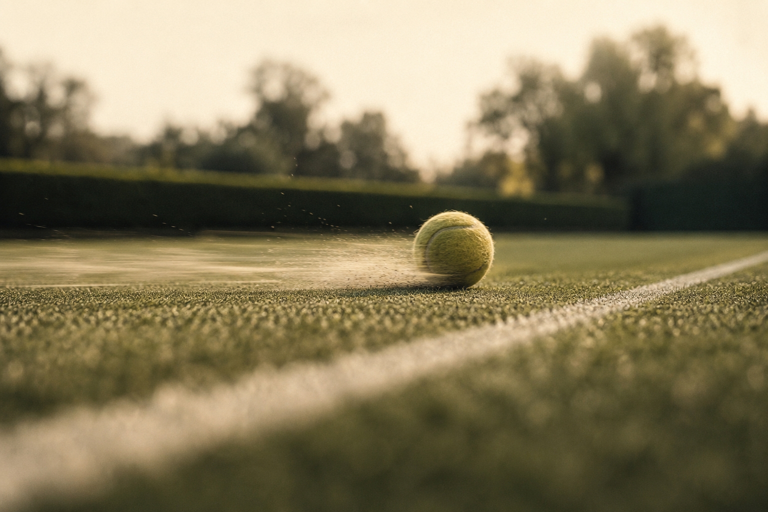 Low angle of a grass court with the ball skidding through low light