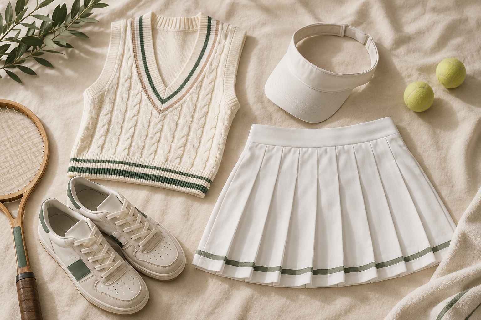 A tenniscore outfit flat-lay: white pleated skirt, cable-knit vest and retro court sneakers
