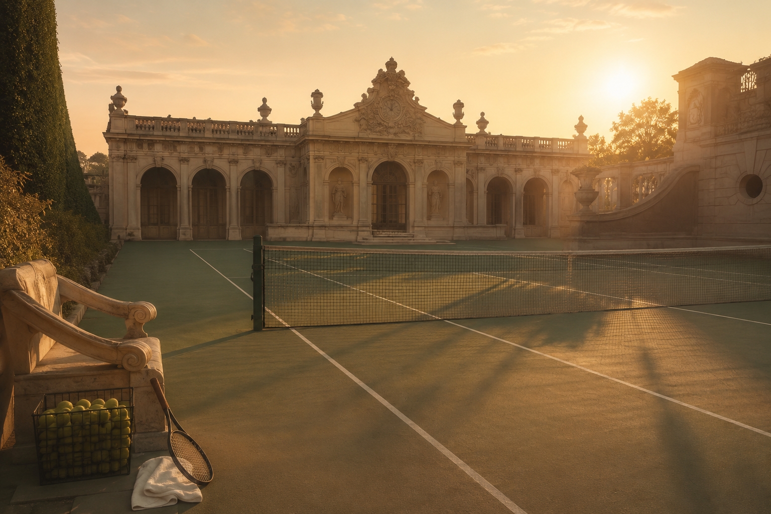 An empty tennis court in warm golden-hour light with long shadows