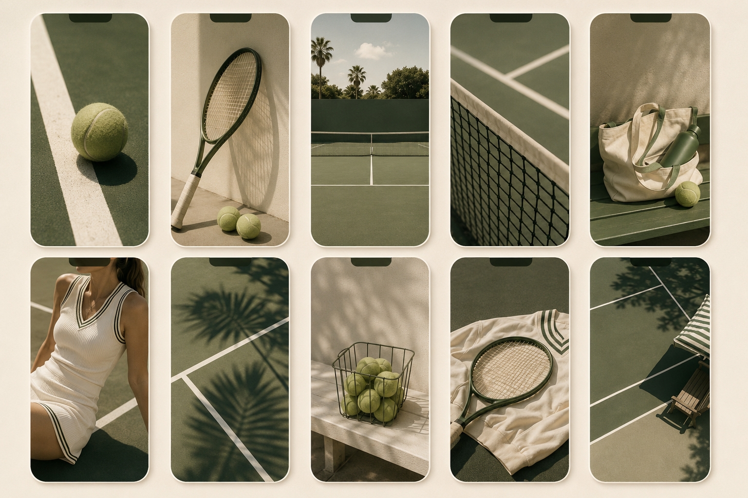 A grid of aesthetic tennis phone wallpapers in a muted green and cream palette