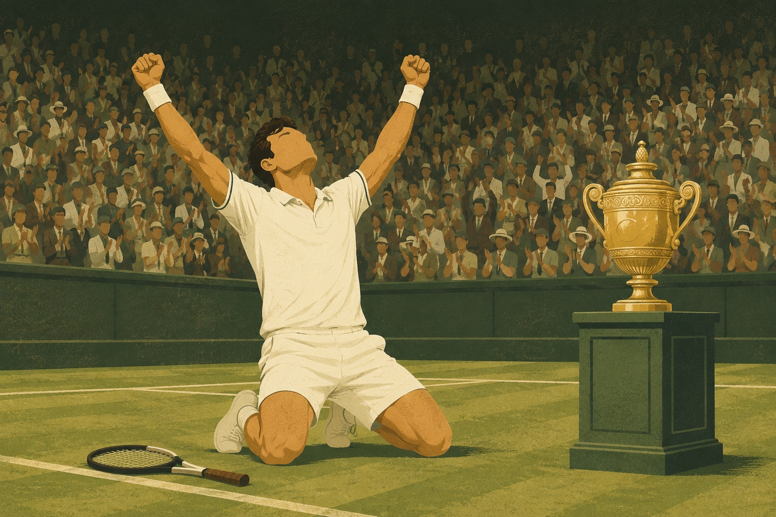 Illustration of the Wimbledon men's champion kneeling on Centre Court beside the golden trophy