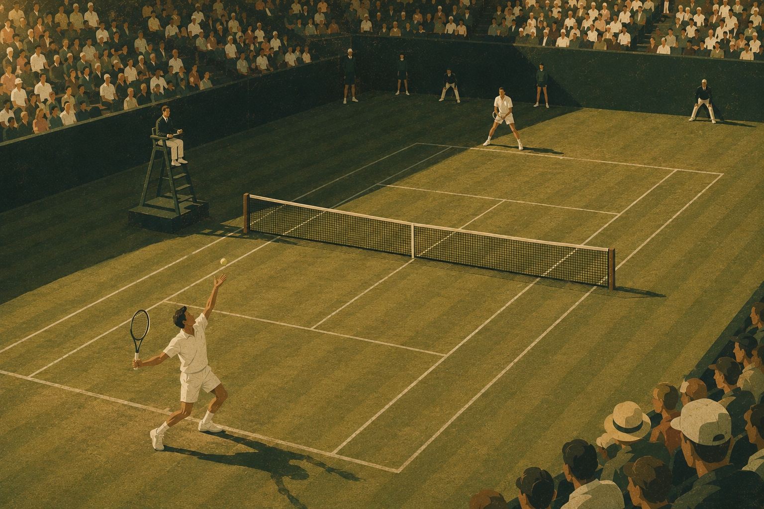 Illustration of a Wimbledon semifinal from above — one player tossing the ball to serve, his opponent crouched to return
