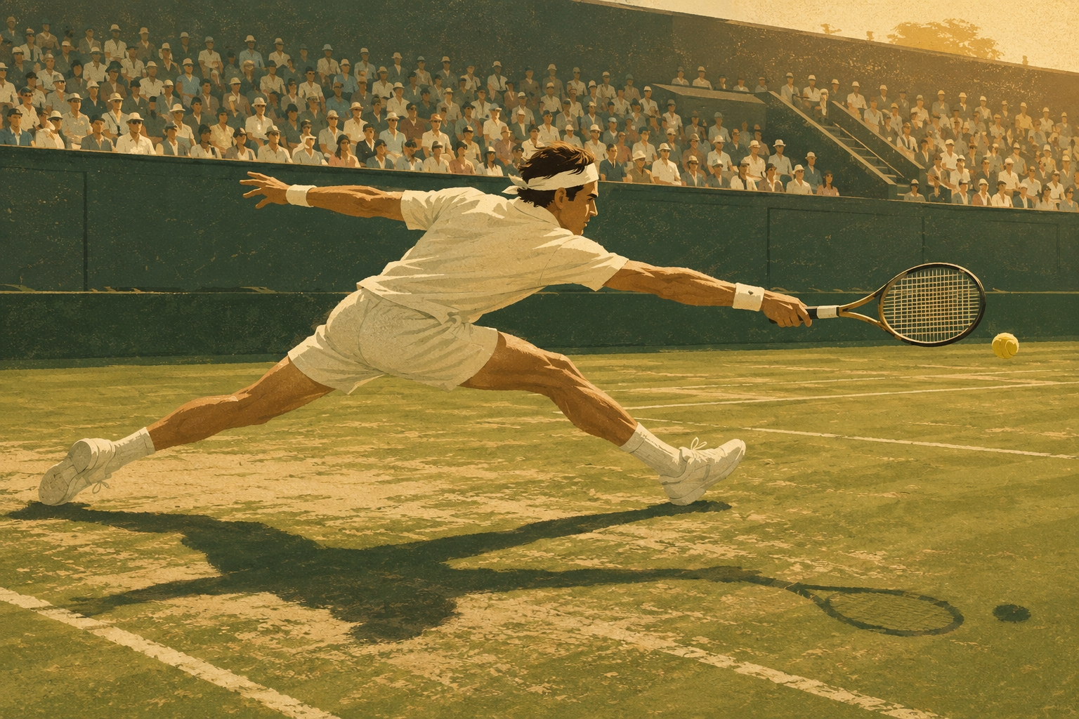 Illustration of a tennis player at full stretch chasing a ball on worn Wimbledon grass