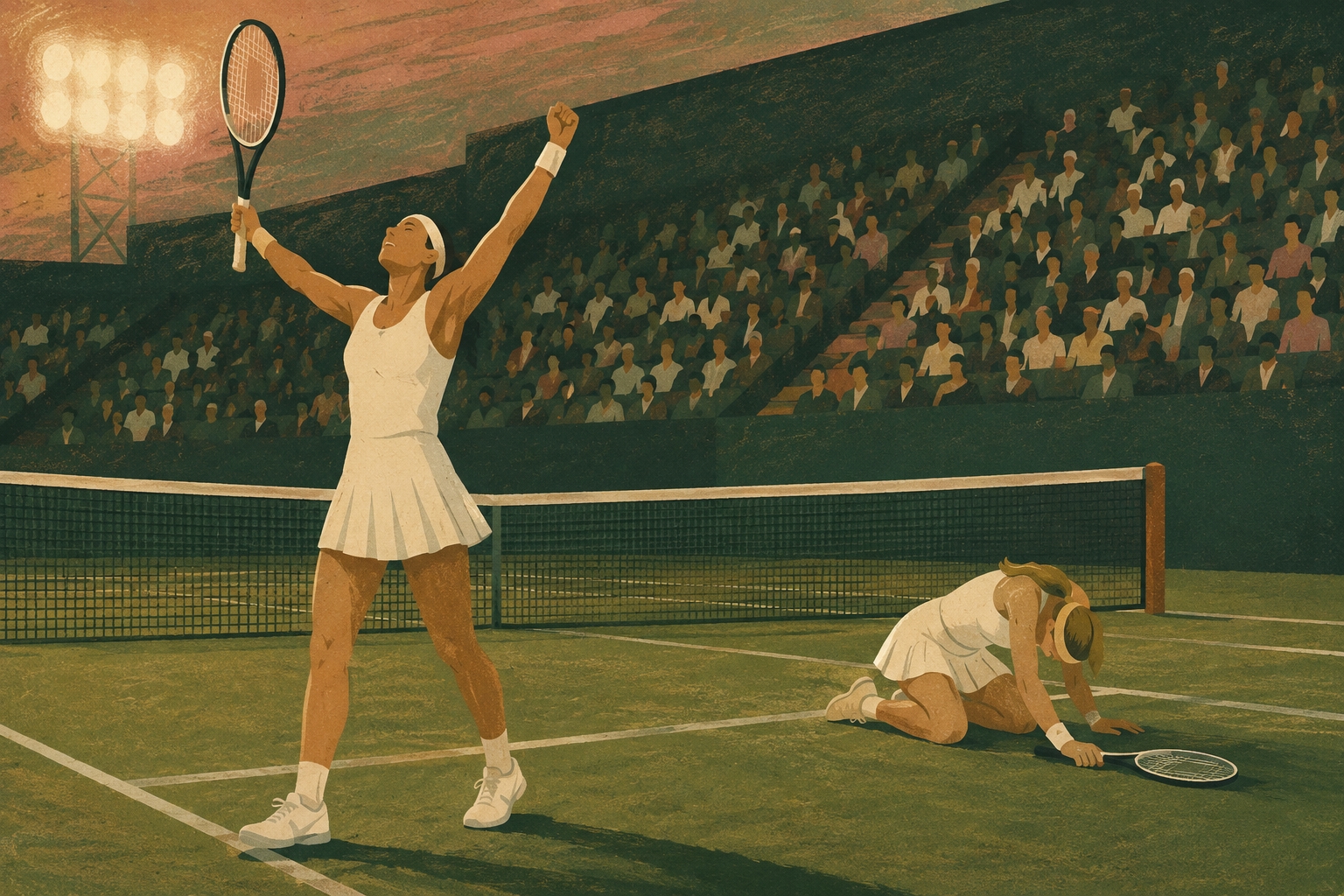 Illustration of a Wimbledon semifinal match point — one player celebrating, the other on her knees on the grass