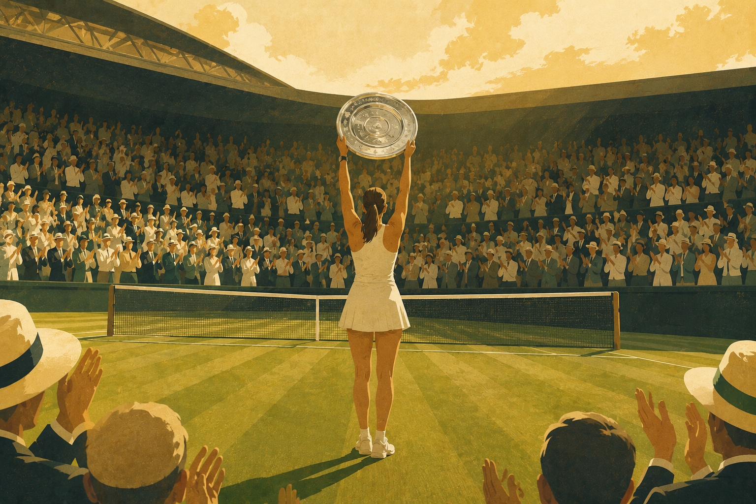 Illustration of the Wimbledon women's champion lifting the silver plate trophy above her head on Centre Court