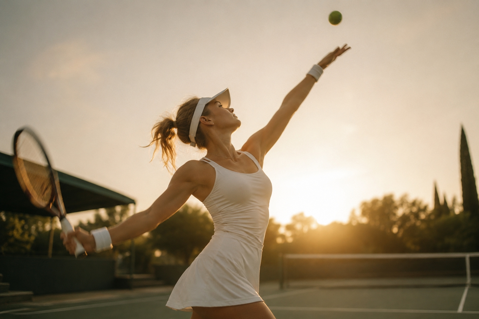 A tennis player mid-serve with a loose, effortless swing at golden hour