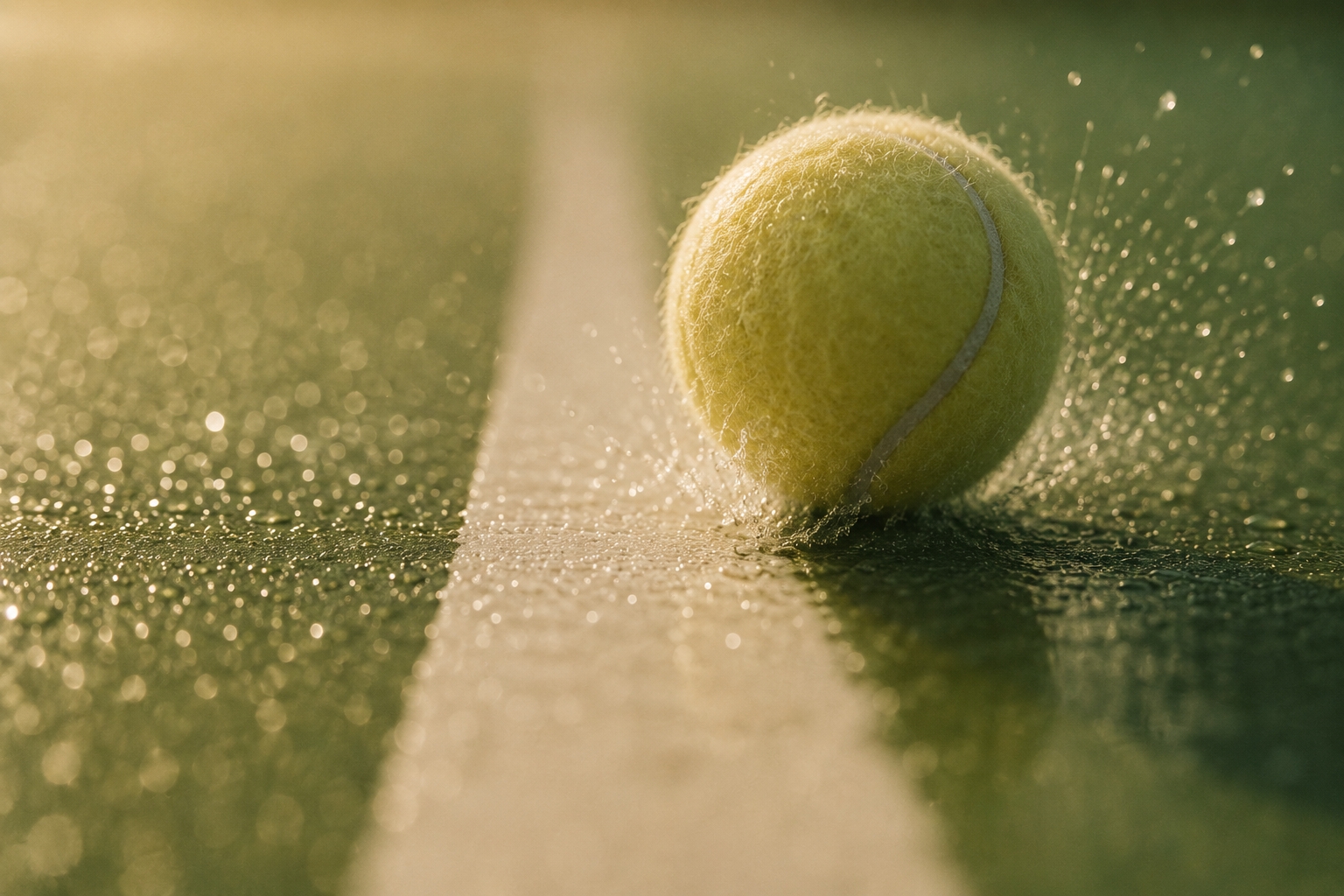 Extreme close-up of a tennis ball landing on the white line with morning dew