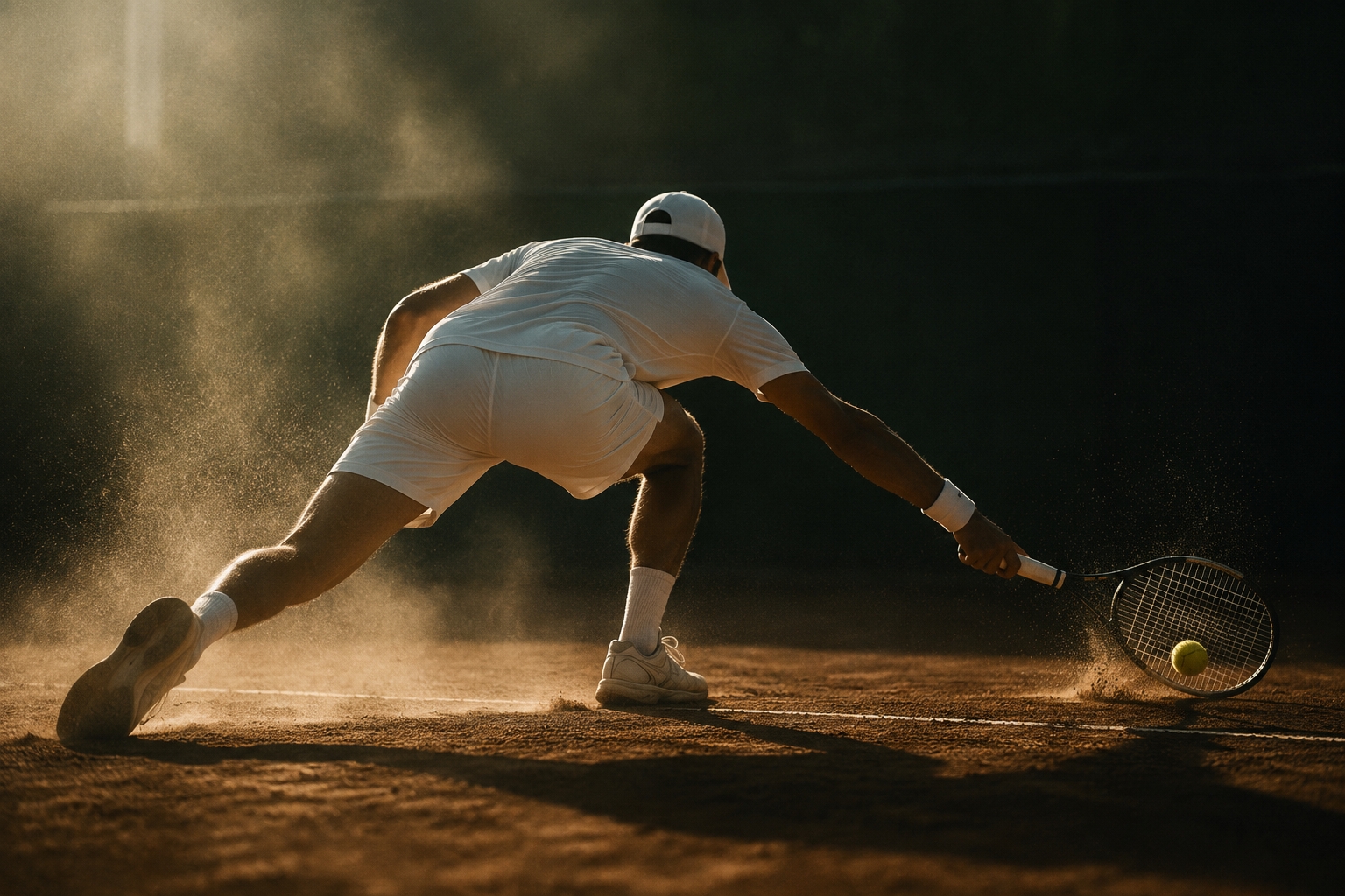 A player stretching low for a difficult ball with full effort, backlit