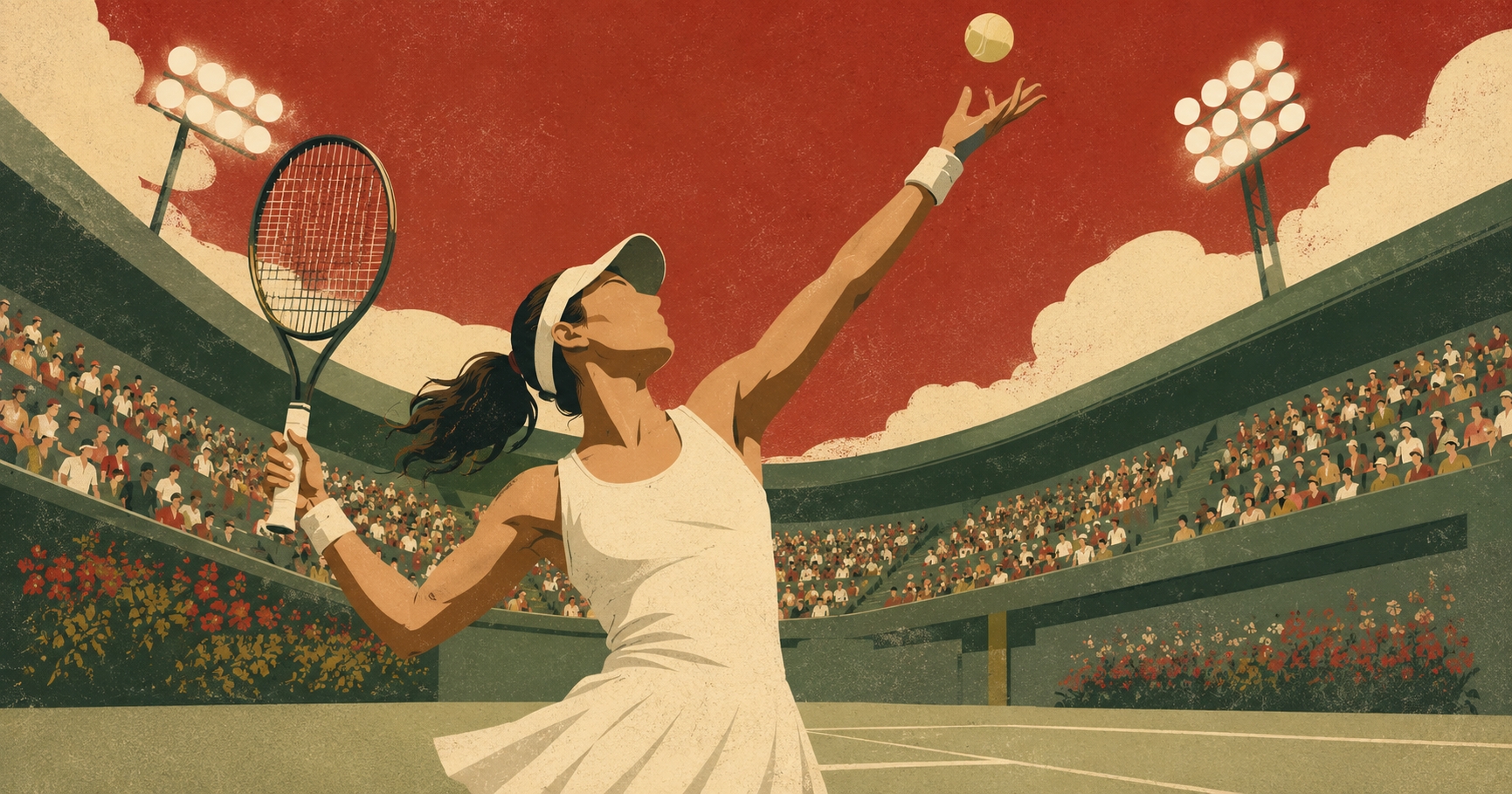 Illustration of a Chinese tennis player serving under stadium lights, red sky above the crowd