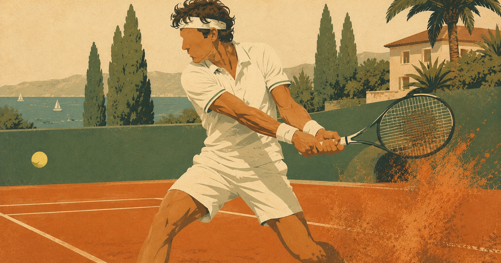 Illustration of an Italian tennis player hitting a backhand on clay, Mediterranean coast behind