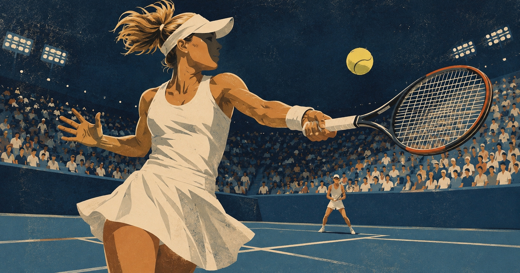 Illustration of an American tennis player ripping a forehand on a blue hard court at night